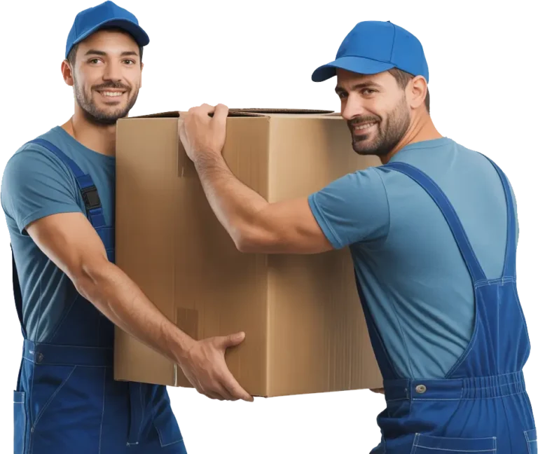 Two Tip Top Moving workers carrying a box